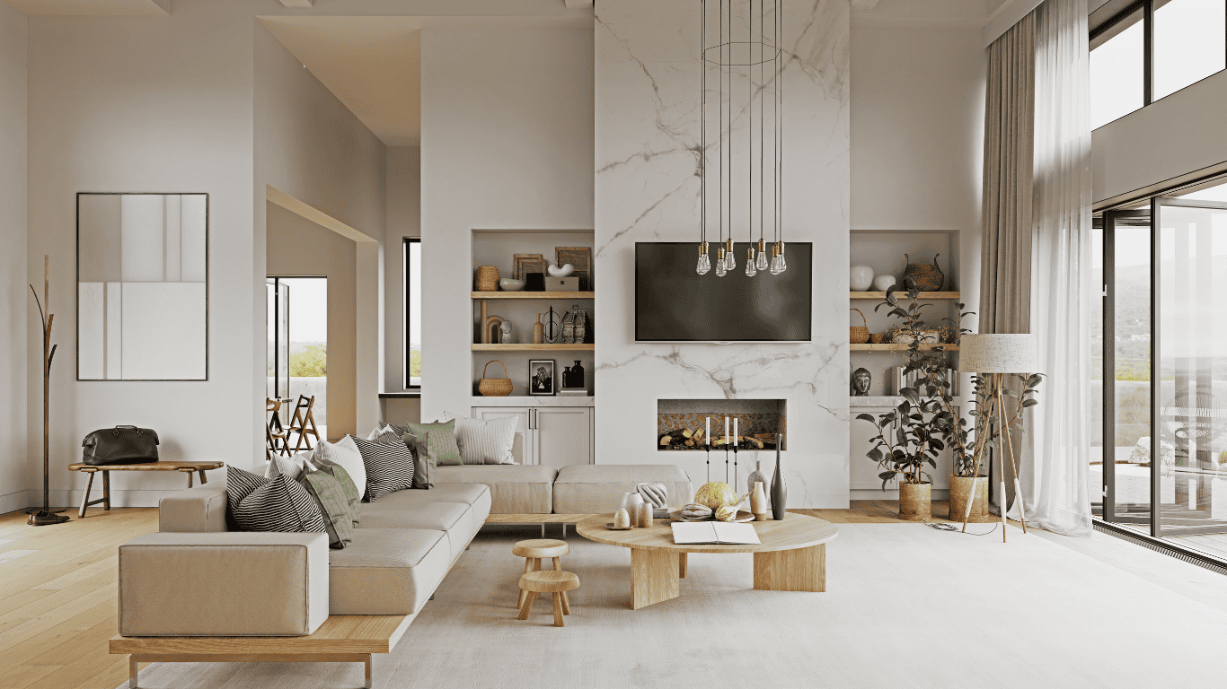 Modern Living Room with Fireplace and TV Spacious modern living room with fireplace, large windows, and minimalist decor.