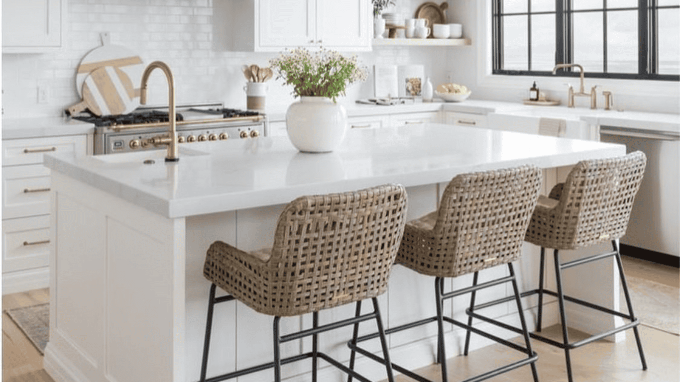 Modern White Kitchen with Island and Wicker Bar St Contemporary kitchen with white cabinets, island, and wicker bar stools.