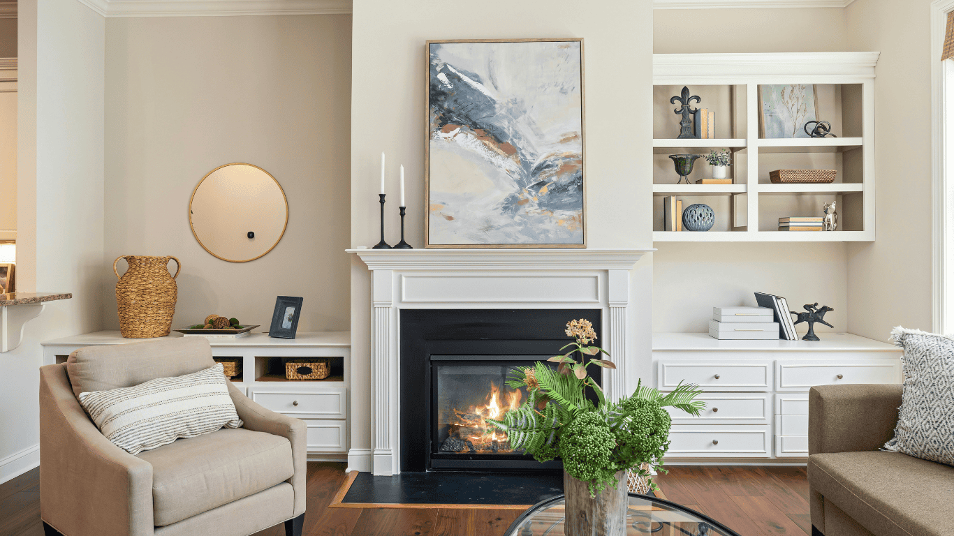 Elegant Living Room with Fireplace and Decor Cozy living room featuring a fireplace, artwork, and stylish decor elements.